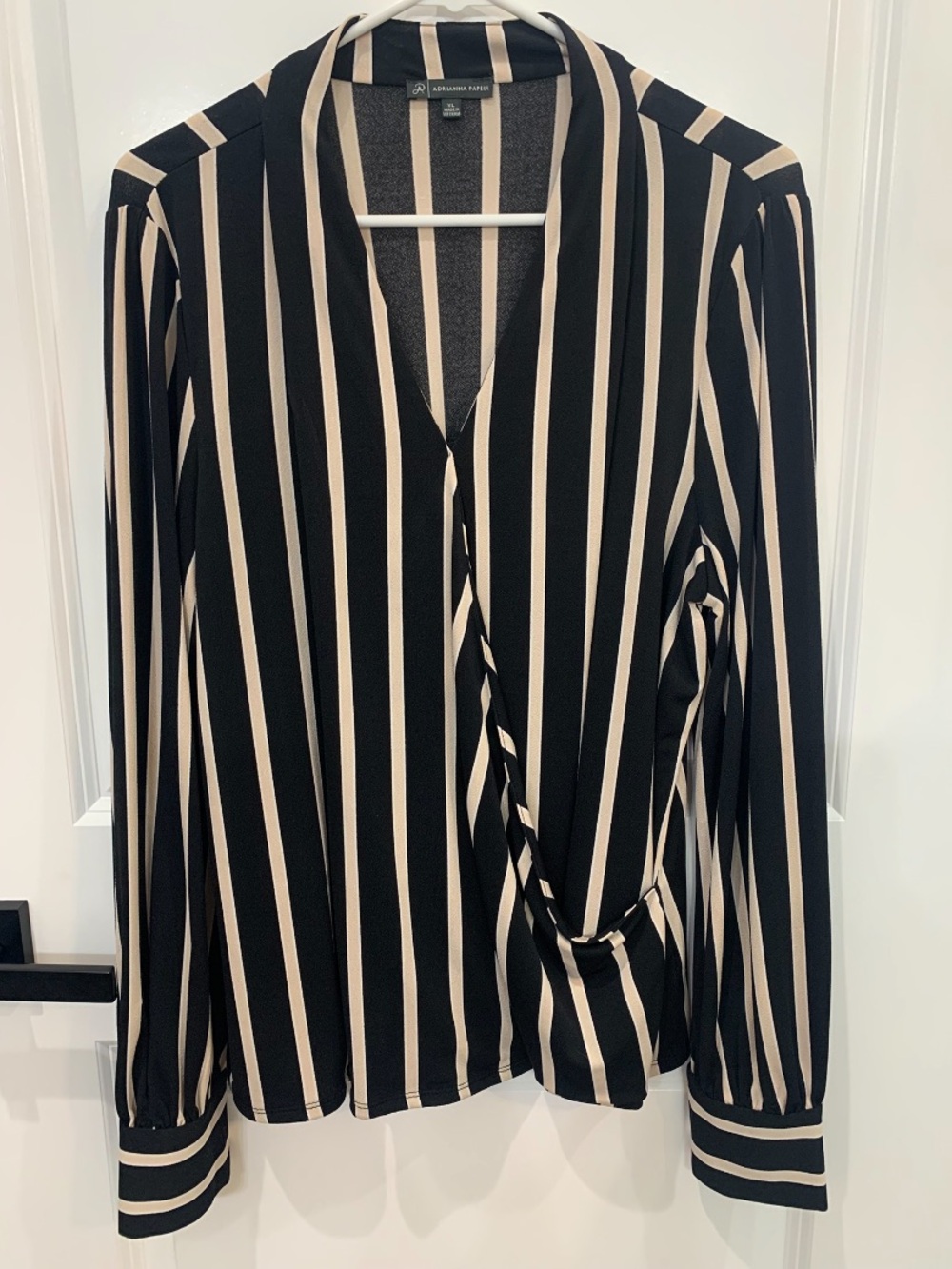 Adrianna Papell Black & Cream Striped Wrap Blouse
